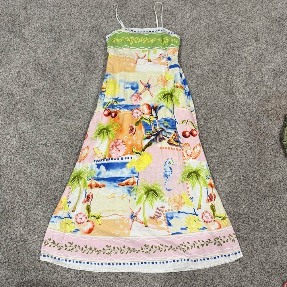 C&C California Linen Coast Print Smocked Back Pockets Maxi Dress Women’s Medium - Picture 3 of 12
